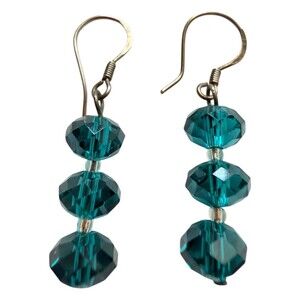 925 Sterling Silver Teal Crystal Bead Drop Earrings Emerald Faceted Dangle Hook